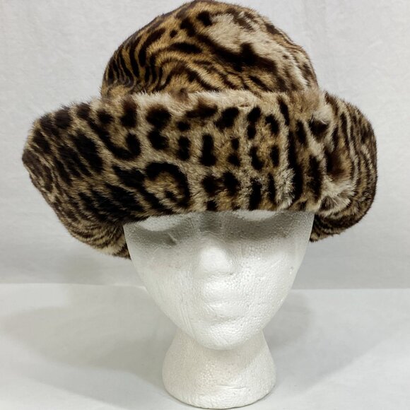 Vintage 60s 70s Fur Hat Leopard spot animal print Cloche bucket felt Winter - Picture 5 of 8